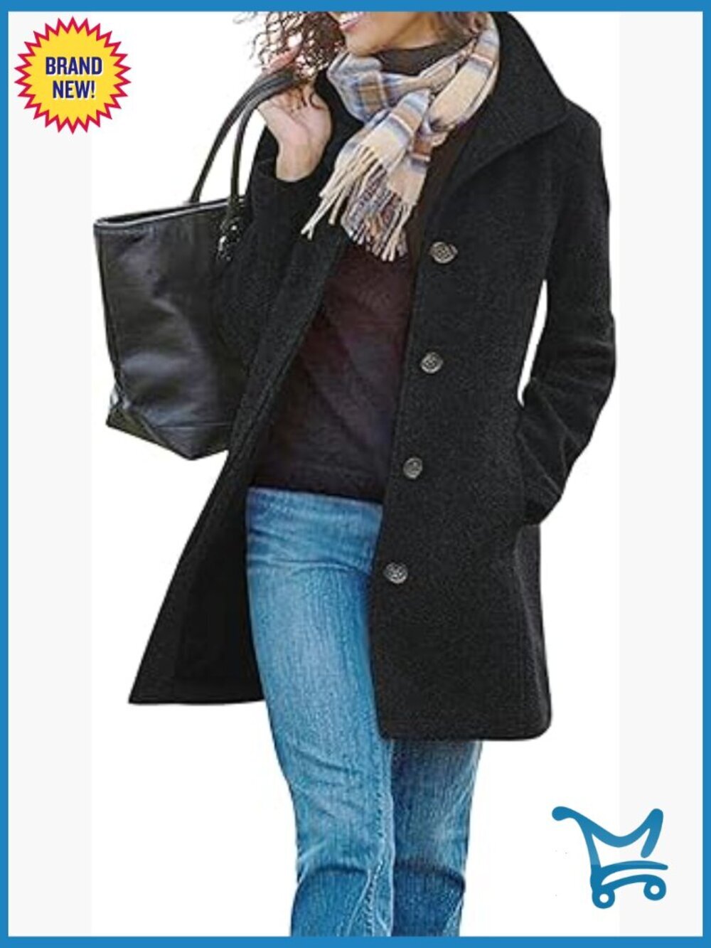 Women's Wool Blend Pea Coat with Stand Collar Single Breasted
